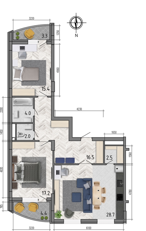 Планировка 3-комнатная квартиры 90,2 м², ЖК «Боровое»