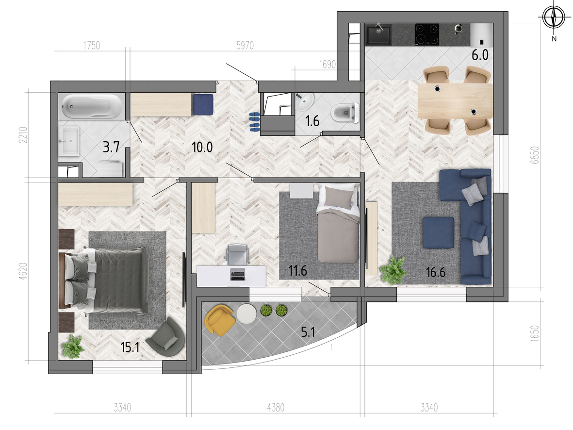 Планировка 3-комнатная квартиры 67,2 м², ЖК «Боровое»