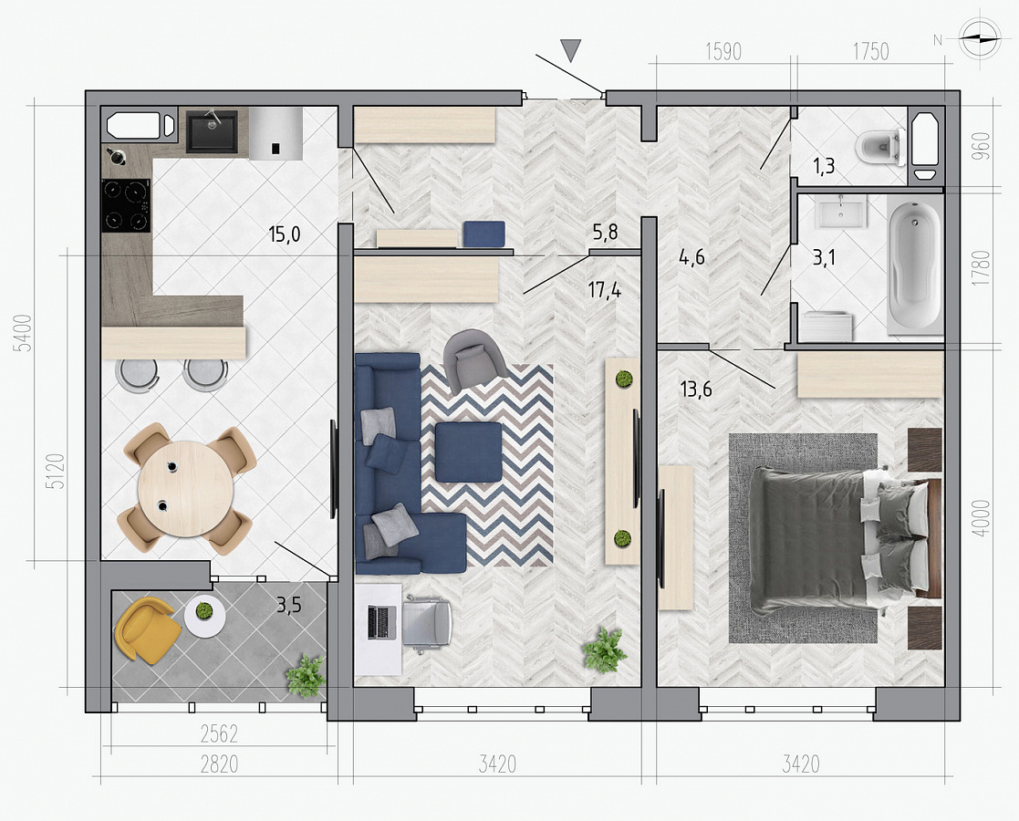 Планировка 2-комнатная квартиры 62,6 м², ЖК «Боровое»