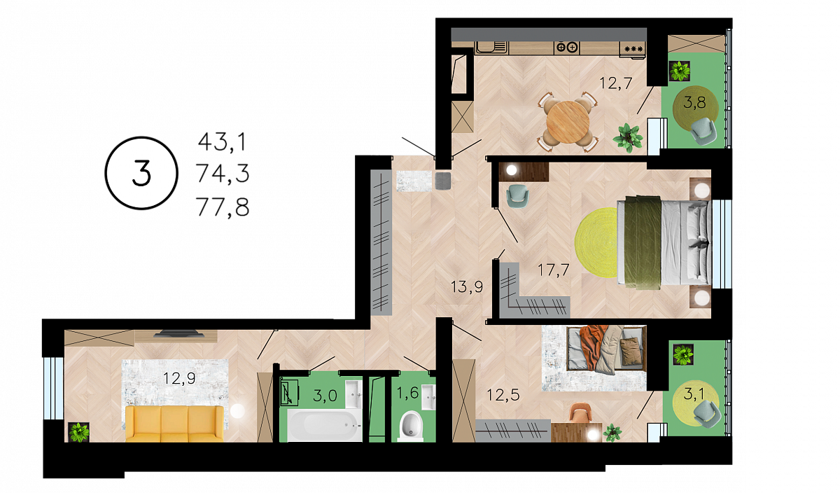 Планировка 3-комнатная квартиры 77,8 м², ЖК «Лето»