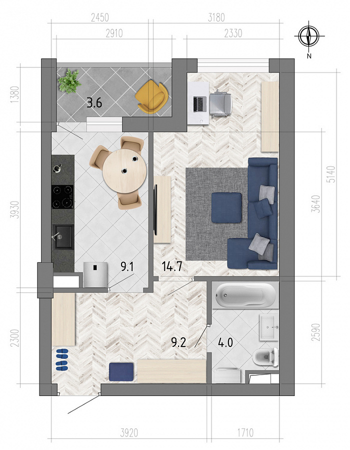 Планировка 1-комнатная квартиры 38 м², ЖК «Боровое»