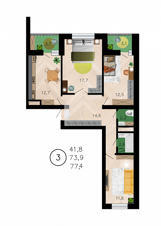 Планировка 3-комнатная квартиры 77,4 м², ЖК «Лето»