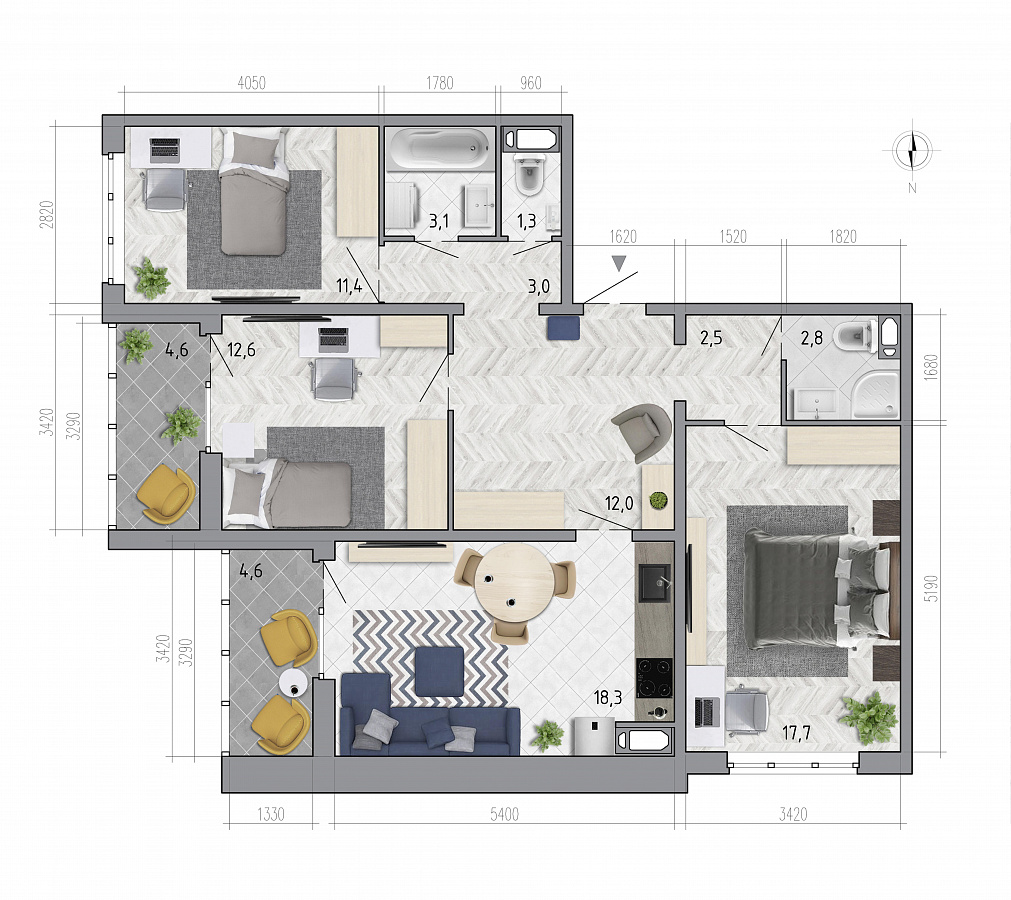 Планировка 3-комнатная квартиры 89,3 м², ЖК «Боровое»
