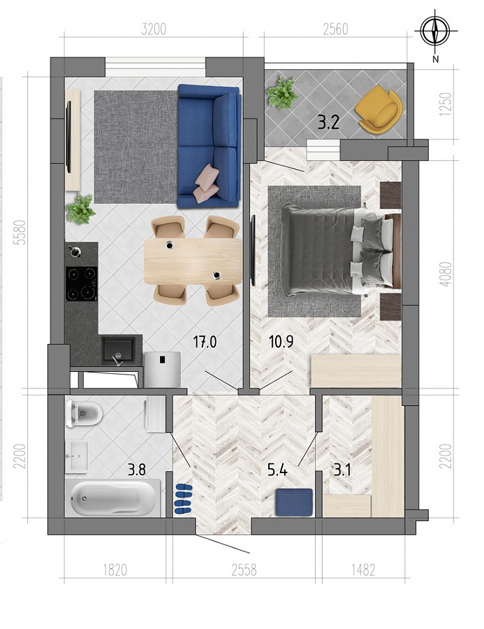 Планировка 1-комнатная квартиры 41,8 м², ЖК «Боровое»