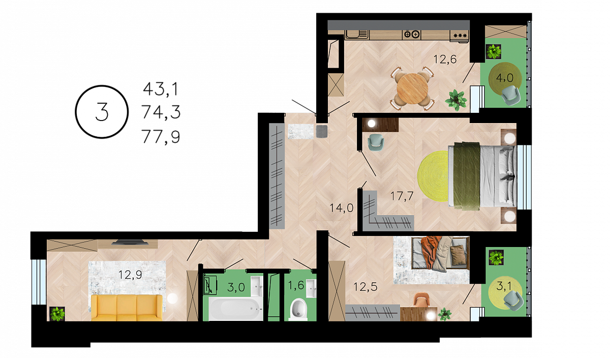 Планировка 3-комнатная квартиры 77,9 м², ЖК «Лето»