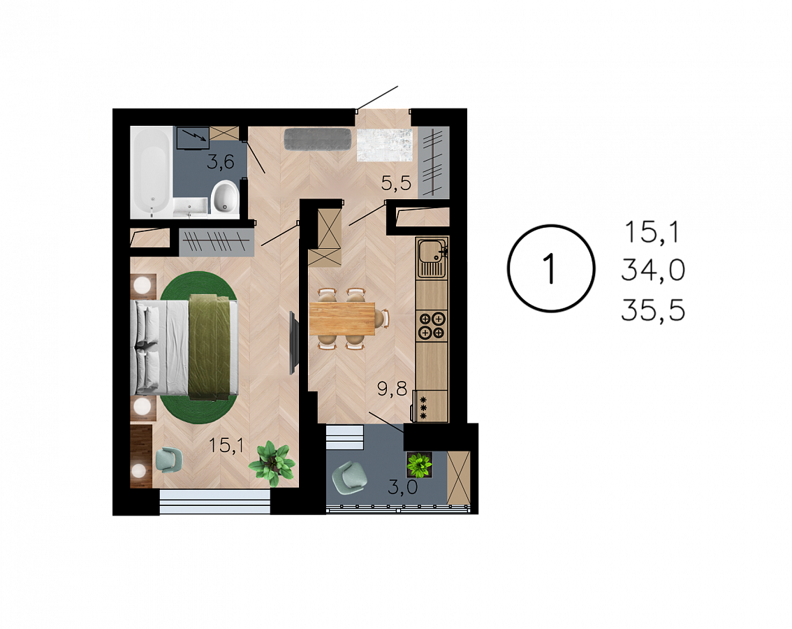 Планировка 1-комнатная квартиры 35,5 м², ЖК «Лето»