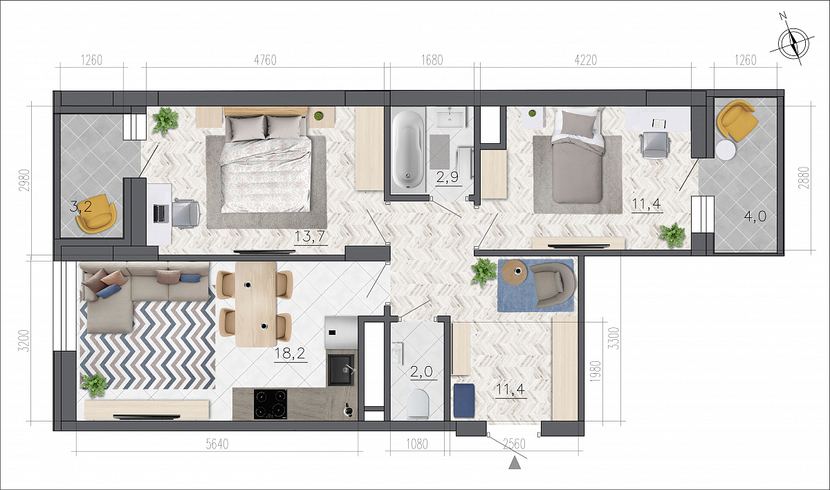 Планировка 3-комнатная квартиры 63,2 м², ЖК «Лето»