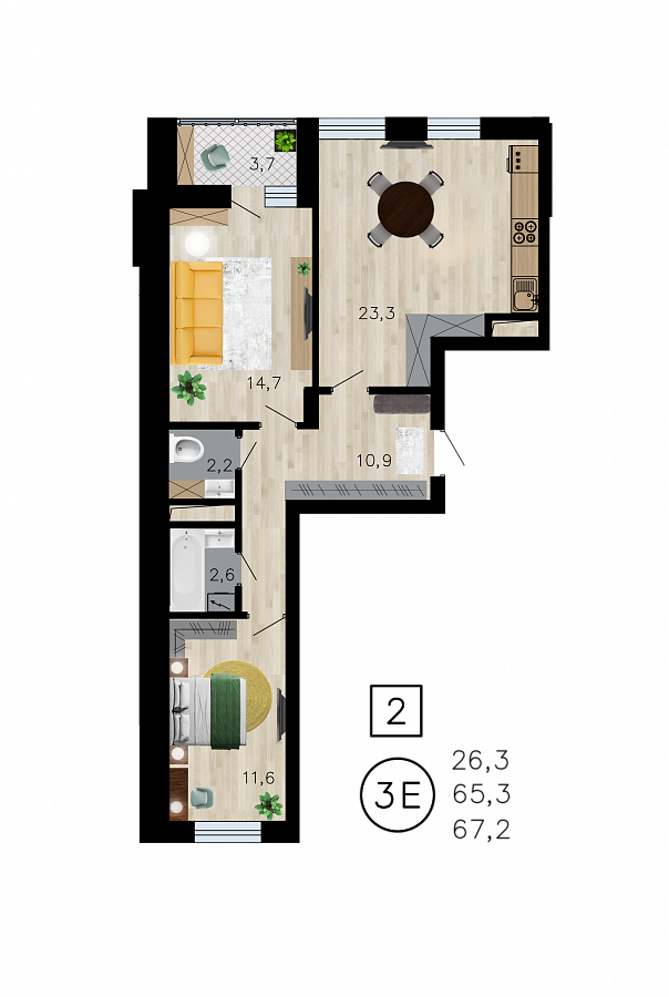 Планировка 3-комнатная квартиры 67,2 м², ЖК «Лето»