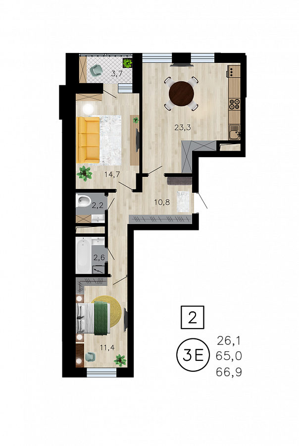 Планировка 3-комнатная квартиры 66,9 м², ЖК «Лето»