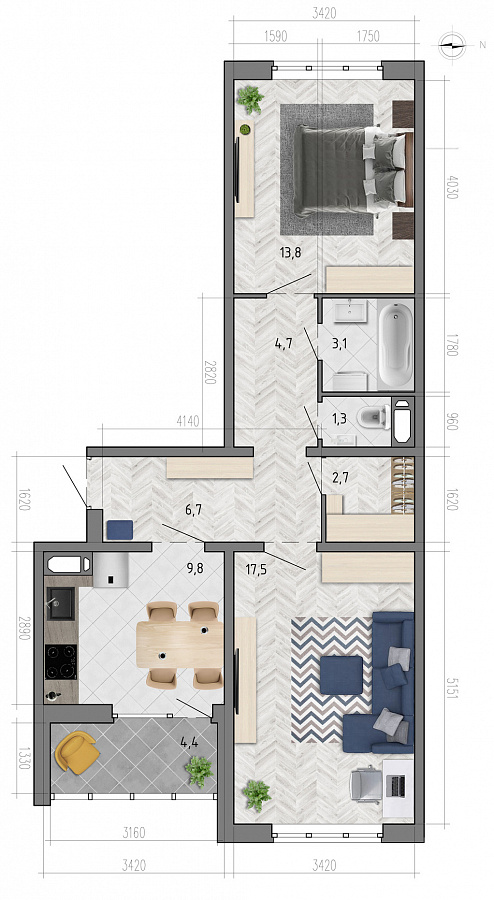 Планировка 2-комнатная квартиры 61,5 м², ЖК «Боровое»